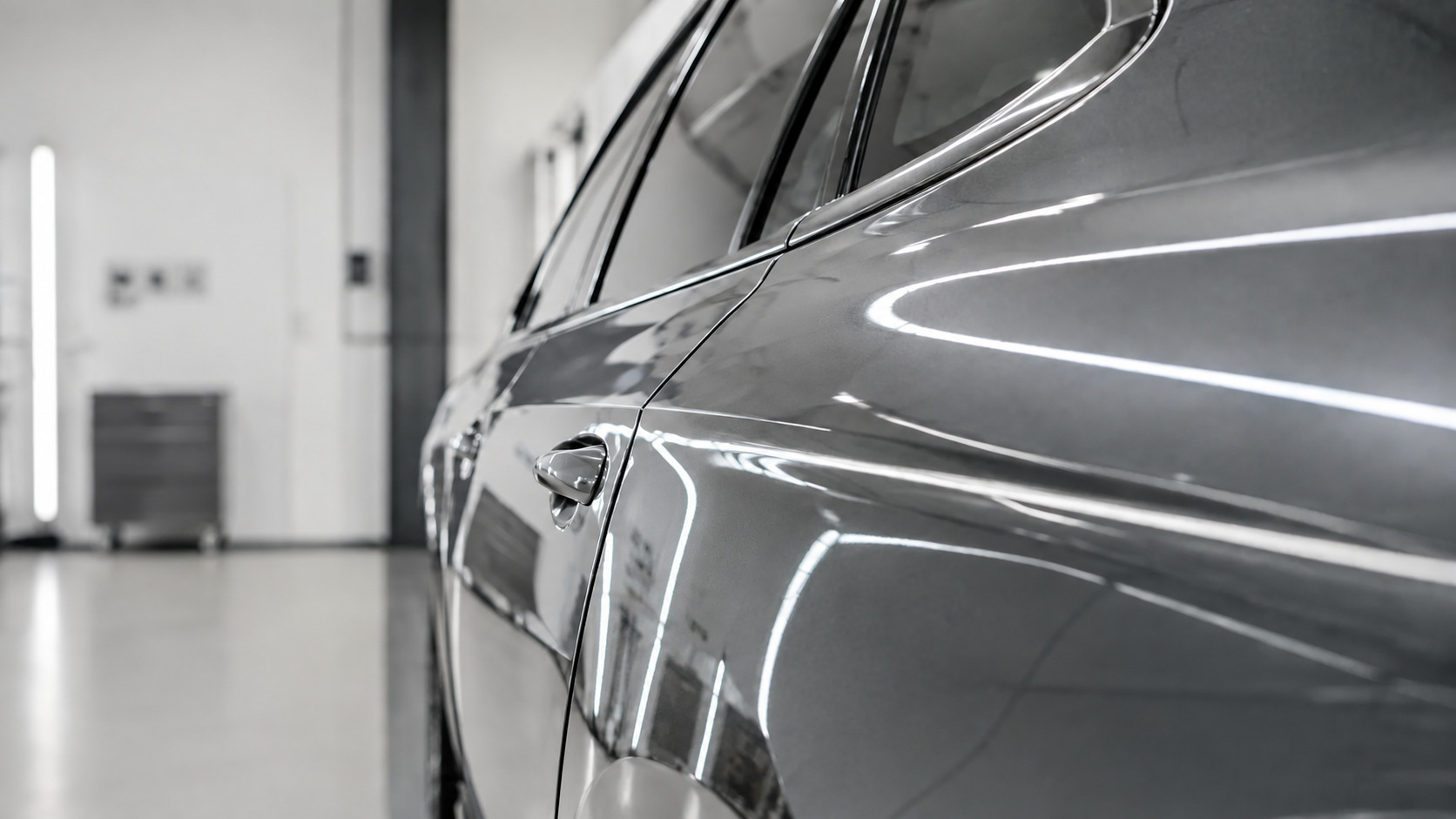 Detailaufnahme einer präzise lackierten Fahrzeugoberfläche